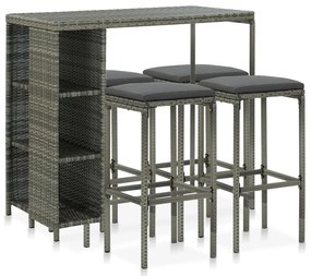 5 pcs conjunto de bar p/ jardim c/ almofadões vime PE cinzento