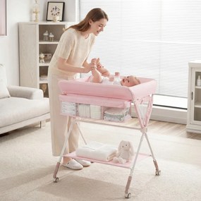 Mesa Trocador fraldas para Bebés Portátil e Dobrável Altura Ajustável 3 Níveis Organizador Móvel com Cesto Prateleira Rodas e Travão Rosa