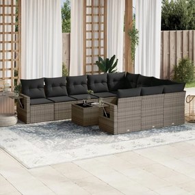 11 pcs conjunto sofás de jardim c/ almofadões vime PE cinzento