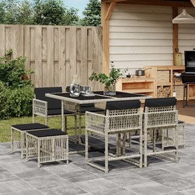 vidaXL 9 pcs conjunto de jantar p/ jardim c/ almofadões cinzento claro