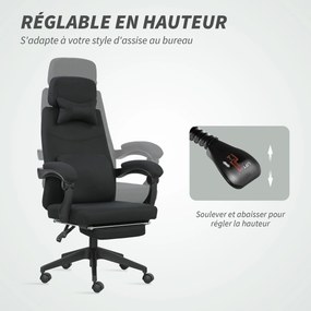 Cadeira de escritório de grande conforto, encosto ajustável, apoio para os pés, Rodas de 360°, linho, 62 x 68 x 127 cm, preta