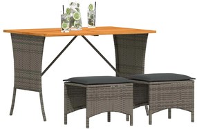 3 pcs conjunto de jantar p/ jardim c/ almofadões vime PE cinza
