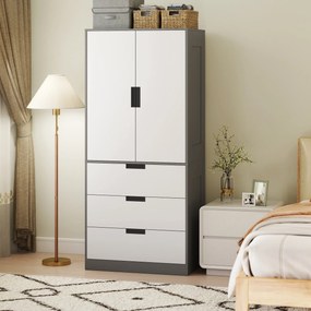 Guarda roupa de quarto 80 x 50 x 180 cm com 2 portas com fecho suave, 3 gavetas e barra para pendurar roupa, , cinzento e branco