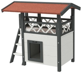 Casa para Gatos de Madeira 77x50x73cm Casa para Gatos com 2 Níveis com Teto Asfáltico Terraço Cercado Caverna e Escada Branco