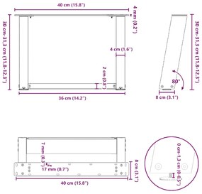 Pés para mesa de centro em formato de U, 2 peças, preto, 40x(30-31) cm