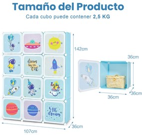 Estante modular portátil para guarda-roupa infantil com 12 cubos com 2 seções suspensas para brinquedos, sapatos, roupas, 107 x 36 x 142 cm, azul