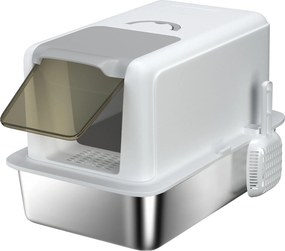 PawHut Caixa de Areia para Gatos Grande em Aço Inoxidável com Tampa, Fechada, com Pá, Plataforma para Areia, Fácil de Limpar, Antiodor, Branca | Aosom Portugal