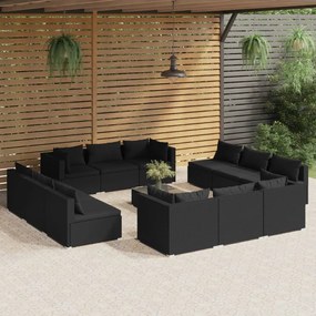 vidaXL 13 pcs conjunto lounge de jardim c/ almofadões vime PE preto