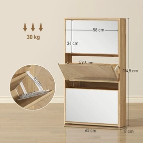 Sapateira Estreita com Espelho para 9 Pares de Sapatos para Corredor Espaços Reduzidos 65x17x114,5 cm Madeira