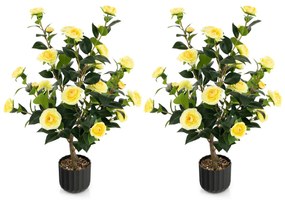 Conjunto de 2 árvores de camélia artificiais 95 cm Planta de flor falsa num vaso de cimento Amarelas