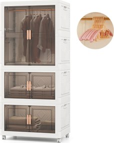 Caixas de arrumação dobráveis 421 L  71 x 46 x 156 cm com tampa de plástico portátil com 10 ganchos 2 Rodas Branco + Castanho