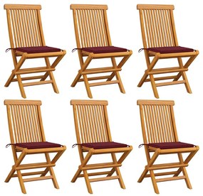 vidaXL Cadeiras jardim c/ almofadões vermelho tinto 6 pcs teca maciça