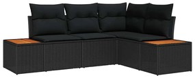 Conjunto de Sofás de 4 Peças para Jardim com Almofadas Preto Rattan Po