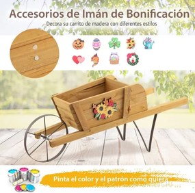 Floreira Jardim de madeira de pinho forma Carrinho de mão para interior e exterior com 9 acessórios magnéticos 69,5 x 26 x 29,5 cm Natural