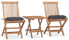 vidaXL 3 pcs conj. jantar dobrável exterior c/ almofadão teca maciça