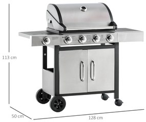 Churrasqueira a Gás com Rodas Churrasqueira 4+1 Queimadores 3KW e Mesa Lateral Armário de Armazenamento Aço Inoxidável Barbecue a Gás 128x50x113cm Pre