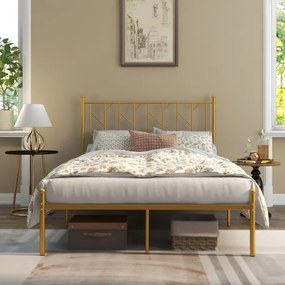 Estrutura de cama de plataforma metálica com cabeceira e base de colchão silenciosa 197 x 141 x 113 cm Dourado