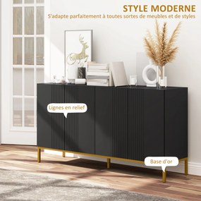 Aparador de design contemporâneo com padrão gráfico 140 x 40 x 75 cm, 2 armários e prateleiras ajustáveis, em madeira preta e metal dourado