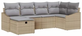Conjunto de Sofá de Jardim 6 Peças com Almofadas Bege Rattan Poliéster