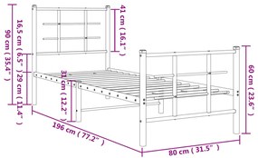 Estrutura de cama com cabeceira e pés 75x190 cm metal branco