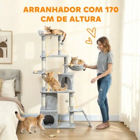 Arranhador para Gatos Grande com 7 Postes 1 Túnel 3 Plataformas 2 Cavernas 1 Rede 1 Poleiro 1 Rampa Pompons 60x40x170 cm Cinzento