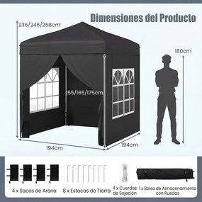 Tenda dobrável 194 x 194 cm, com 4 paredes laterais, 3 alturas ajustáveis, e 4 sacos de areia, 8 estacas, Preta