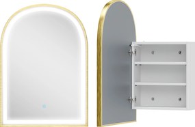HOMCOM Armário de Parede para Banheiro com Espelho e Iluminação LED Porta Arqueada Antiembaçamento 50x14,5x70 cm Dourado | Aosom Portugal