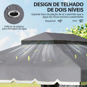 Pérgola de Jardim 390x290x270 cm com 4 Cortinas Laterais 4 Telas Mosquiteiras e 8 Orifícios de Drenagem Cinza