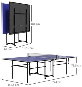 Mesa de Ping Pong Dobrável com 4 Rodas Rede 2 Raquetes e 3 Bolas para Interior e Exterior 274x152,5x75,5 cm Azul