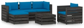 6 pcs conj. lounge jardim + almofadões madeira impreg. cinzento