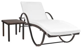 vidaXL Espreguiçadeira com almofadão e mesa vime PE castanho