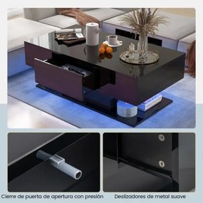 Mesa de centro retangular LED moderna de 2 níveis com 20 luzes LED coloridas 2 gavetas de arrumação 110 x 60 x 40 cm Preto