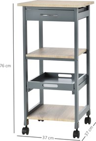 Carrinho de serviço de cozinha com rodas, 2 prateleiras + tabuleiro amovível + gaveta em madeira de pinho MDF cinzento carvalho claro