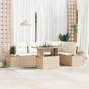 vidaXL Conjunto de Jantar para Jardim de 6 Peças com Almofadas Bege em Rattan de Polietileno e Acácia