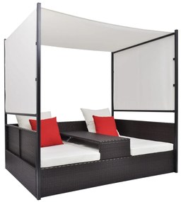 vidaXL Espreguiçadeira de jardim com toldo 190x130 cm vime PE castanho