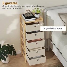 Cómoda com 5 Gavetas em Tecido, Estrutura de Bambu, Ideal para Espaços Pequenos, Creme e Madeira