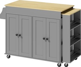 Carrinho, Ilha de Cozinha com Rodas Tampo Extensível Carrinho de Cozinha com 4 Portas Prateleiras Ajustáveis Estante Lateral Aberta Cinza