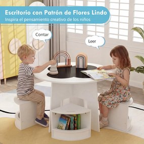 Conjunto de Mesa Redonda e 4 Bancos Infantis, 70 x 70 x 49 cm, Design Empilhável, Branco