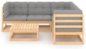6 pcs conjunto lounge de jardim c/ almofadões pinho maciço