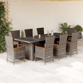 vidaXL 9 pcs conjunto de jantar p/ jardim c/ almofadões vime PE cinza