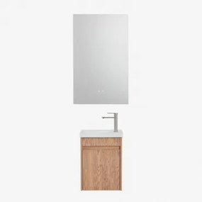 Conjunto De Móvel De Casa De Banho Suspenso Em Madeira Com Lavatório Integrado Narek Castanho Fresno & Retangular Led E Anti-embaciamento 55x90 Cm Rib