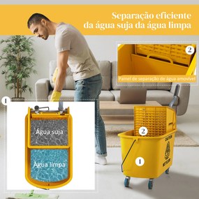 Balde de Limpeza com Esfregona e Rodas Capacidade de 20 L Sistema de Escurridor e Pega de Transporte 45x26,5x70 cm Amarelo