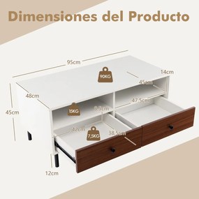 Mesa de centro de madeira com 2 gavetas 2 Estantes Retangular Multifuncional Fácil Montagem Mesa de apoio Branco + castanho