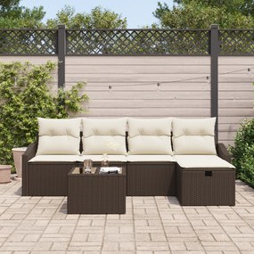 Conjunto de Sofás Jardim 6 Peças com Almofadas Castanho Ratan Poliéste