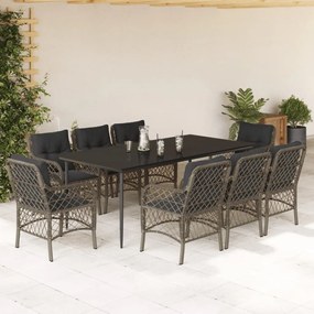 9 pcs conjunto de jantar p/ jardim c/ almofadões vime PE cinza