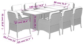 9 pcs conjunto de jantar p/ jardim c/ almofadões vime PE cinza
