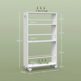 Carrinho Auxiliar com rodas 3 prateleiras com Barras Laterais e Alças para Banheiro cozinha 45x15x80 cm Branco