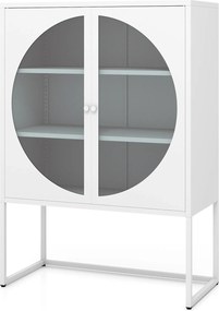 Aparador Expositor com Porta Redonda de Vidro, 85 x 40 x 121 cm, Prateleiras Ajustáveis, Branco