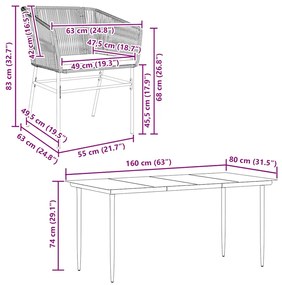 Conjunto jantar jardim 5 peças almofadas vidro vime PE castanho