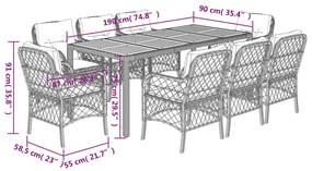 9 pcs conjunto de jantar p/ jardim c/ almofadões vime PE preto